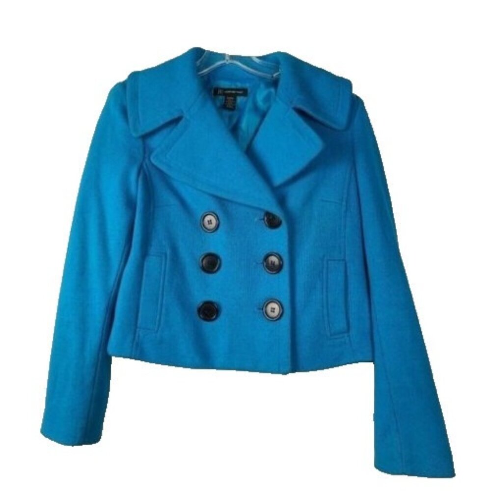 INC International Concepts Womens Crop Jacket XS‎ Blue Double Breasted Pea coat